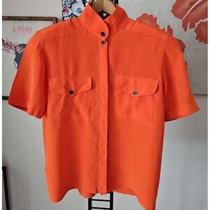 LOUIS FERAUD SET Short Sleeve Orange Silk Mock Neck Button Shirt w/ Pockets 6 US